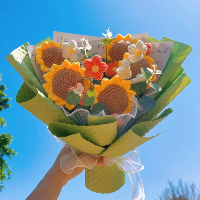Buquê de Girassóis em Crochê Feito à Mão | Presente Criativo e Decoração Encantadora – Fio Mágico