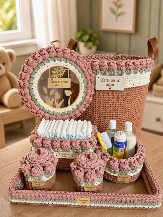 Kit Higiene Bebê 6 Peças com Cestão + Porta Maternidades